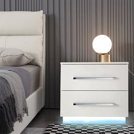 LED Nightstand Modern Light Yellow Nightstand with Led Lights Particle Board Bedside Table Nightstand with 2 High Gloss Drawers for Bedroom