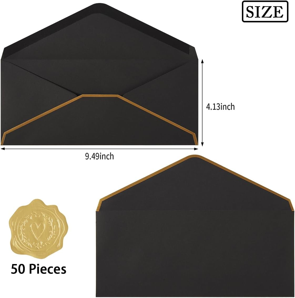 50 Pack #10 Business Envelopes with Gold Border, Self Seal Standard Envelopes with Gold Stickers for Office, Checks, Letter Mailing, Invoices, 4 1/8 x 9 1/2 Inches (Black)