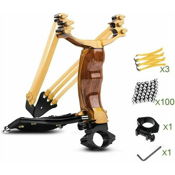 Professional Slingshot Kit for Adults, Outdoor High Velocity Catapult Fish Hunting Slingshot with 100 Ammo Balls and 3 Rubber Bands - Brown