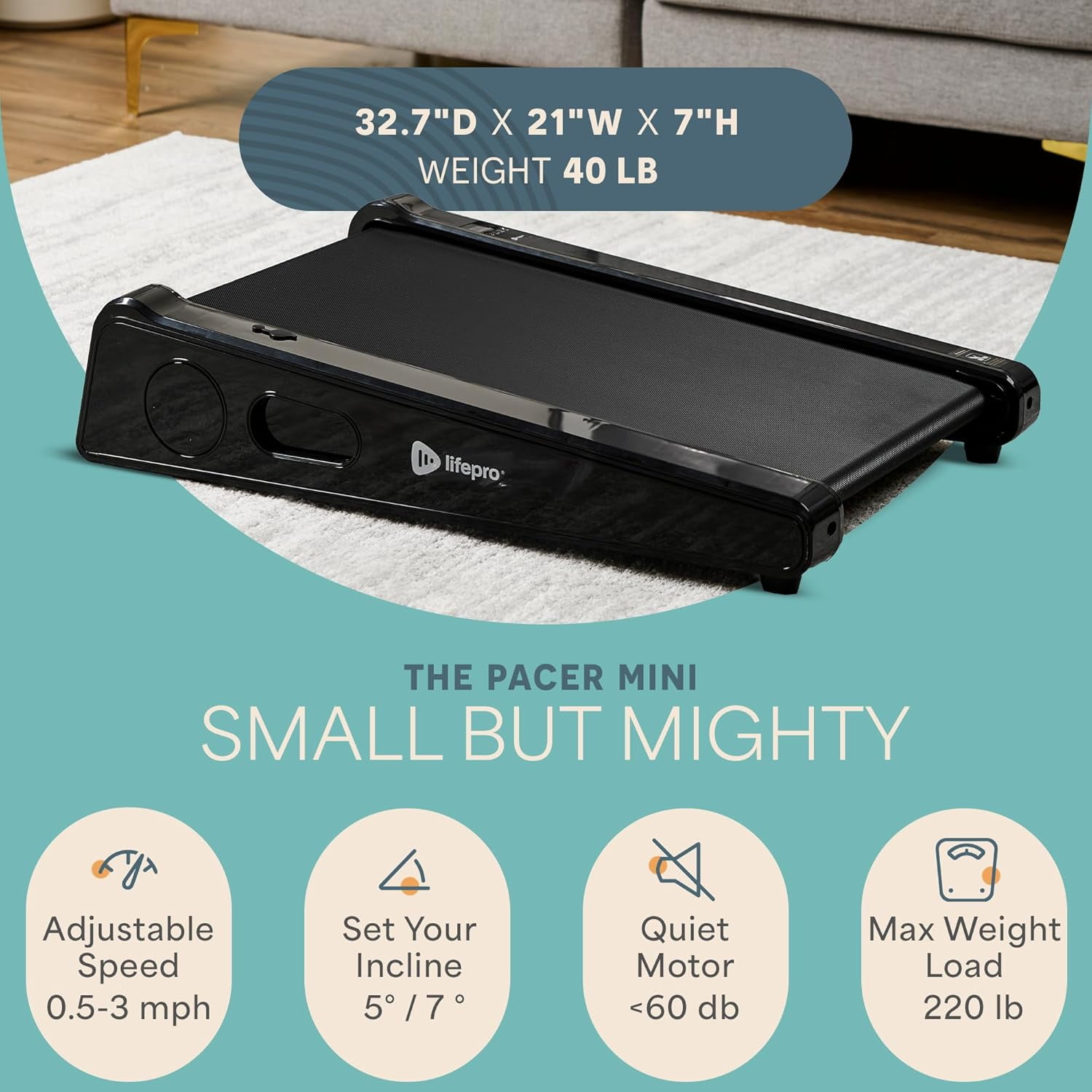 LifePro 30in Walking Pad Treadmill Under Desk – Compact Walking Pad for Home & Office, 7° Incline, 3 MPH, LED Display - Black