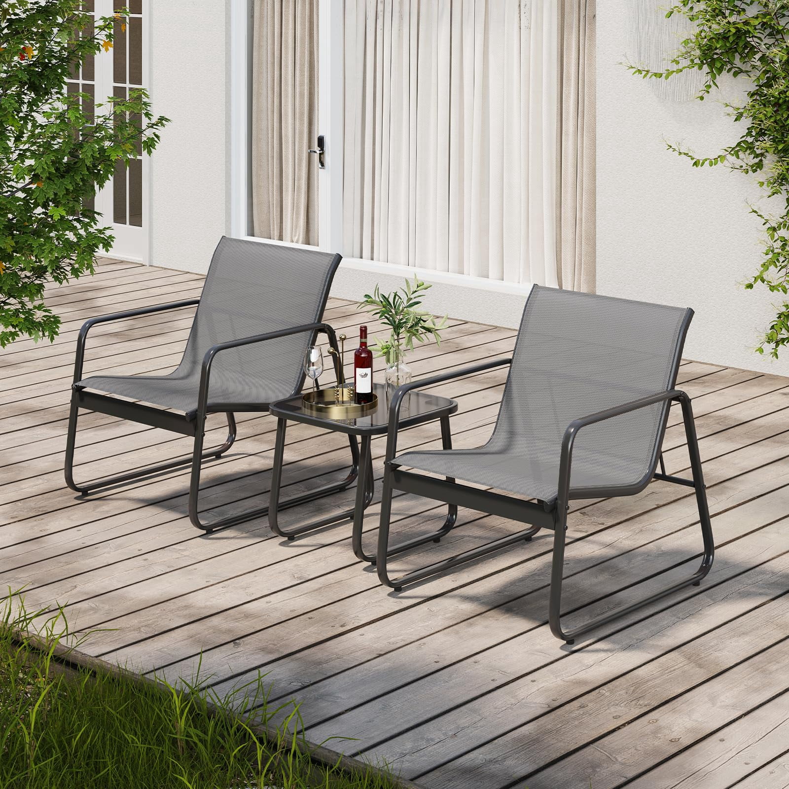 Patio Furniture Set, Aiho Outdoor Bistro Set with Glass Top Table, Textilene Patio Chairs Set for Poolside, Lawn, Gray