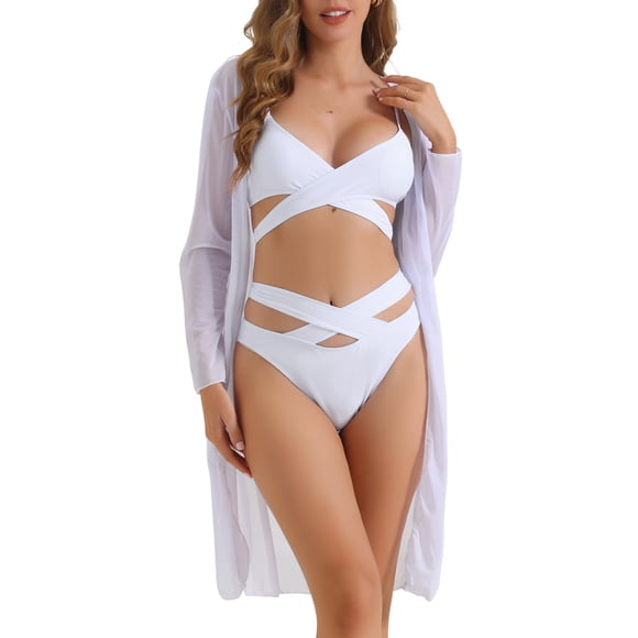 INSPIRAR CHIC Conjuntos de Bikini con Tirantes Cruzados Ajustables para Mujeres 3 Piezas Traje de Baño con Acentos Transpirables Talla X-Large Blanca