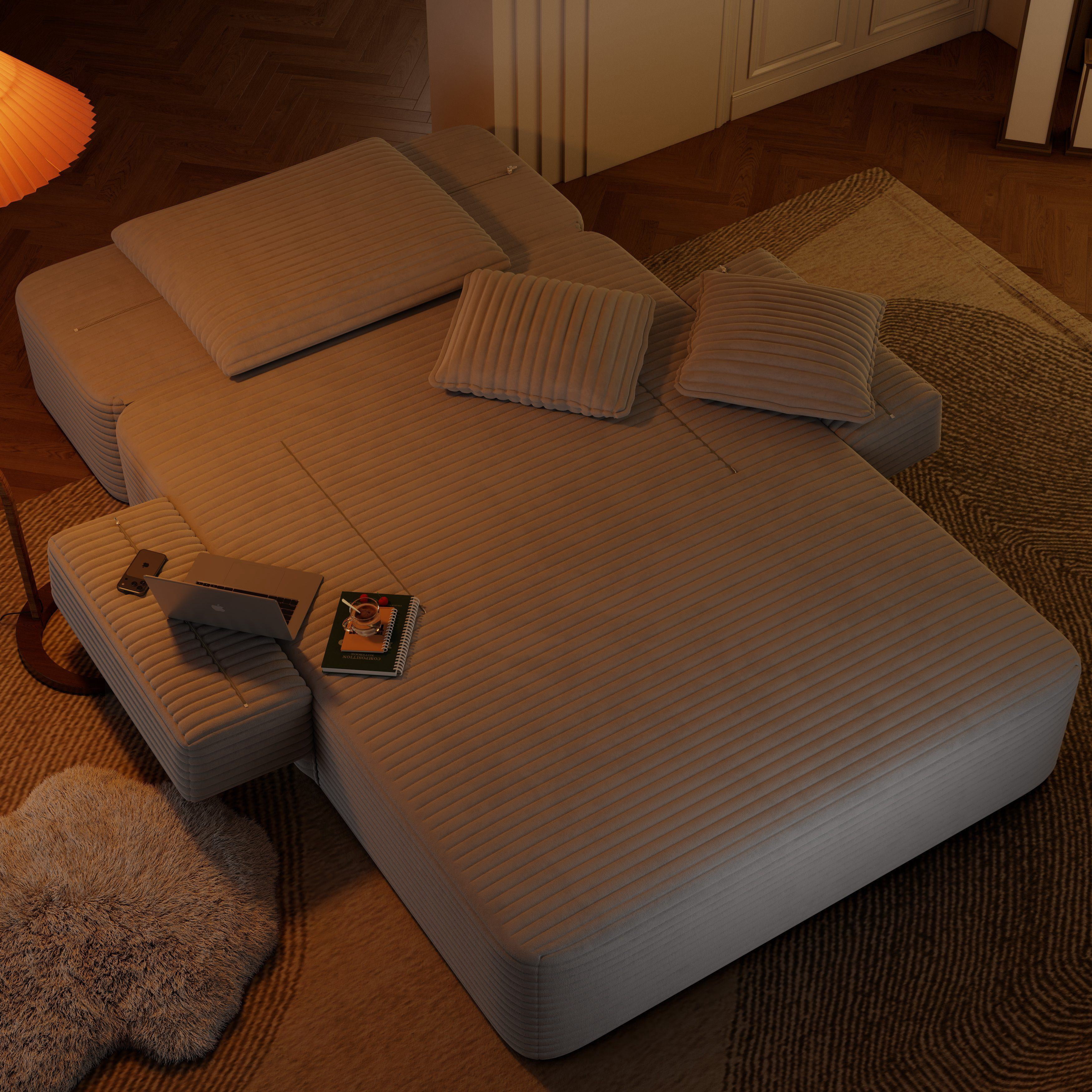 Alvantor Oversized Corduroy Convertible Chaise Lounge Sofa Bed, Light Gray