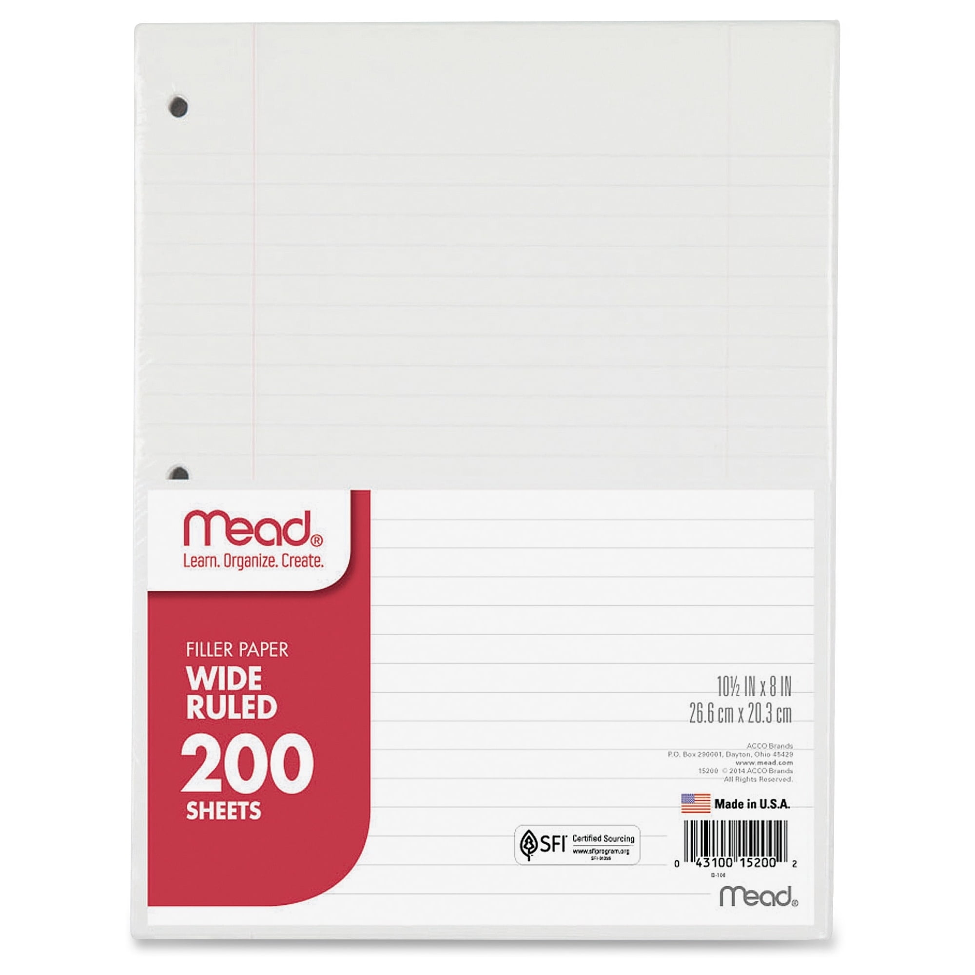 Mead Filler Paper, 15lb, Wide Rule, 3 Hole, 10 1/2 x 8, 200 Sheets
