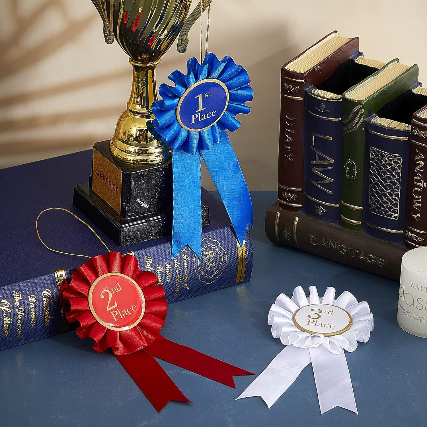 Award Ribbon Rosette Set Satin Participation Ribbon Honorable Awards Badge Blue Red and White Prizes 1st 2nd 3rd Place Medals for Classroom Prize Science Fair Talent Show(12 Pcs)