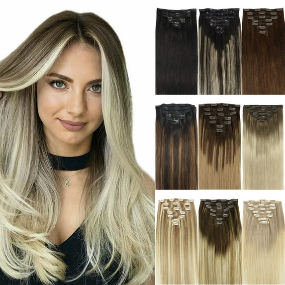 Hotbanana Clip in Hair Extensions dirty Blonde Real Remy Human Hair Weave Double Weft Full Head 14-24 inch 7pcs
