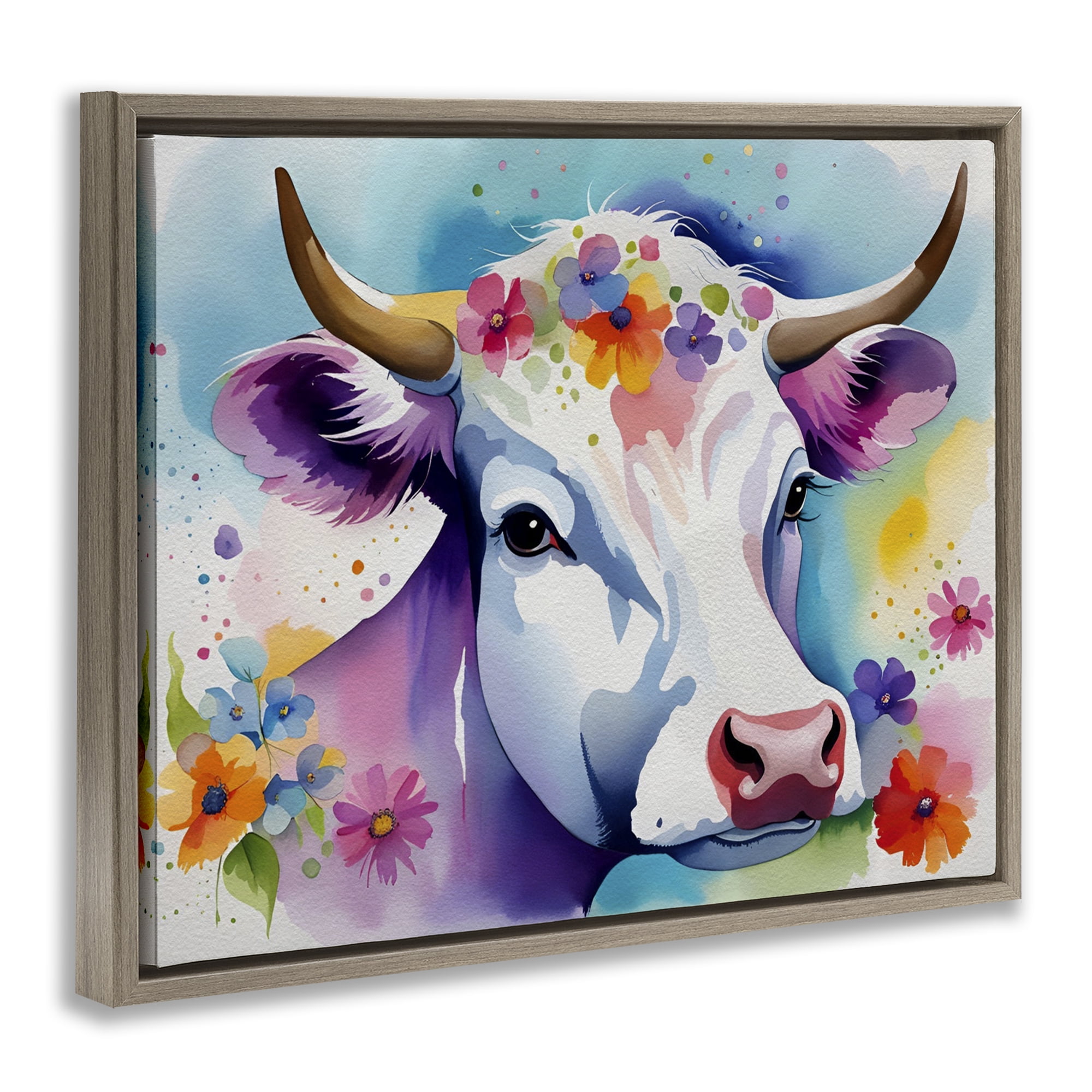 Stupell Industries Flower Speckled Cow Animals & Insects Painting Brown Floater Framed Canvas Art Print Wall Art, 21 x 17
