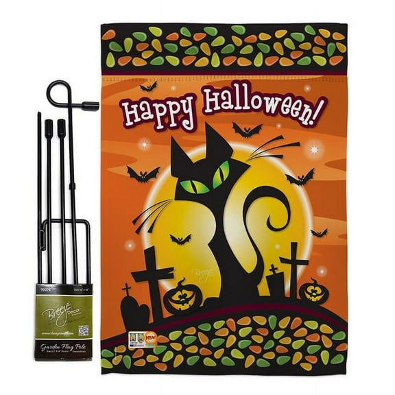 Breeze Decor BD-HO-GS-112050-IP-BO-D-US11-BD 13 x 18.5 in. Halloween Black Cat Fall Vertical Double Sided Mini Garden Flag Set with Banner Pole