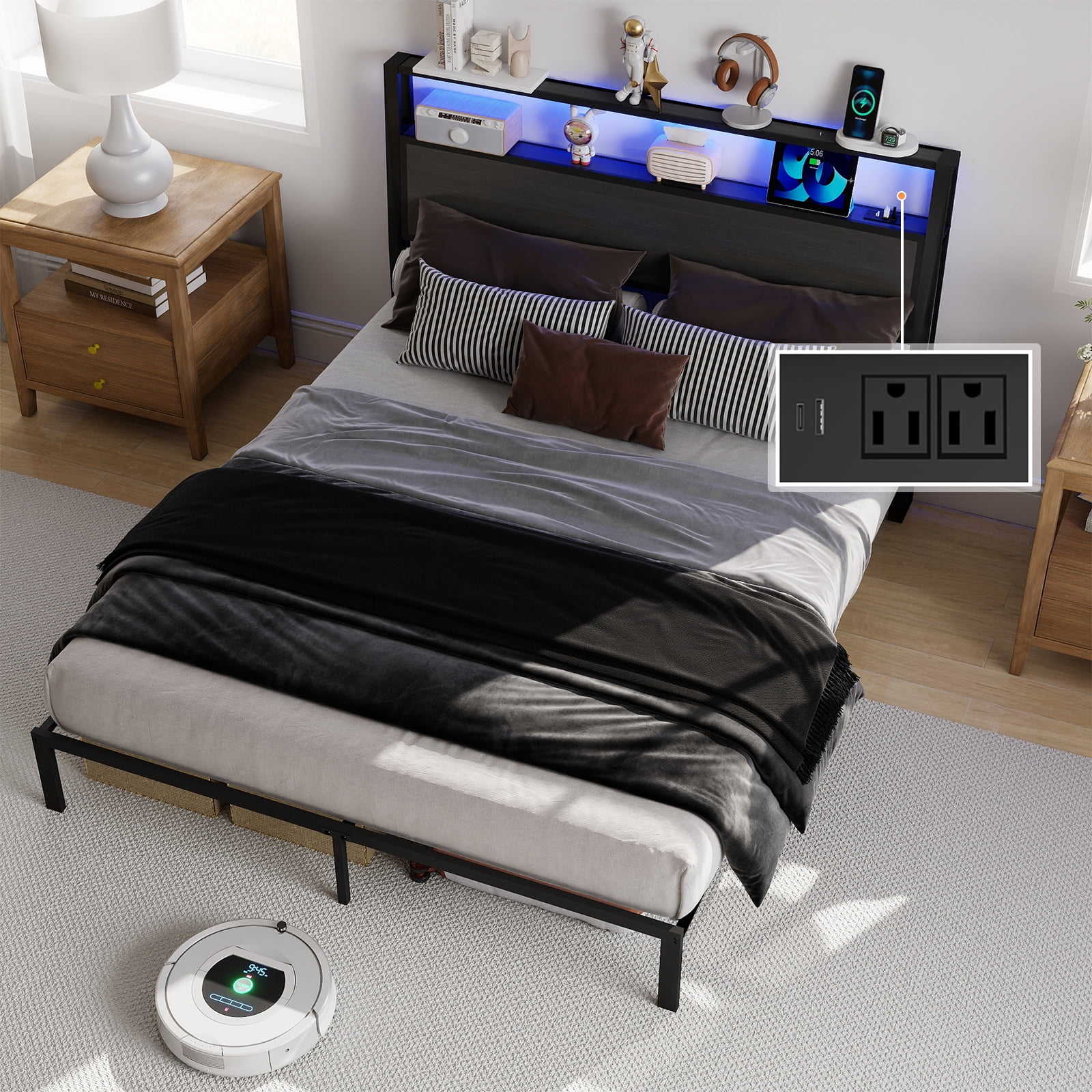 Leumius Queen Size Bed Frame with Headboard, Platform Bed with RGB LED Light & Charging Station & Under Bed Storage Space, Easy Assembly,Dark Gray