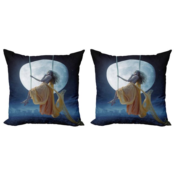 Ambesonne Space Throw Pillow Cover 2 Pack, Swing in the Sky Moon, 16", Dark Blue and Grey