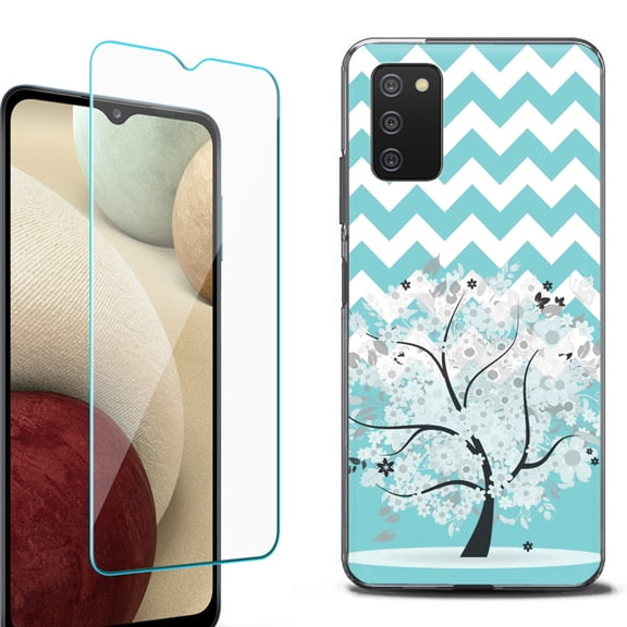 Slim-Fit Protective Fashion Phone Case (Black) for Samsung Galaxy A03s, with Tempered Glass Screen Protector, by OneToughShield ® - Chevron/Tree