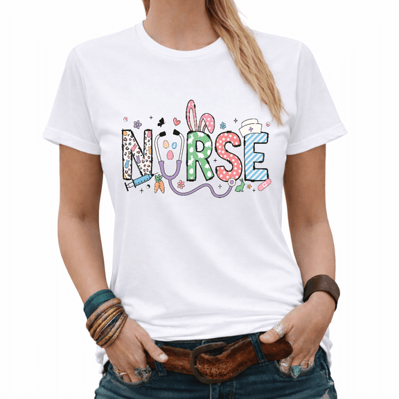 Easter Nurse Bunny Ears Stethoscope Graphic Tees Womans Tshirt Shirts White/Black S-5XL Tops