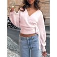 thumbnail image 5 of Women'S V Neck Wrap Sweater Long Lantern Sleeve Cinched Waist Crop Tops Fall Knitwear Pink XL, 5 of 8