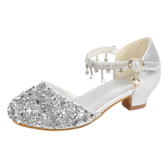 Staki Party Shoes for Girls Girls Dress Shoes Glitter Shoes Sequins Rhinestones Bowknot Princess Low Heels Mary Jane Footwear Heels for Girls Silver,12 Little Kid