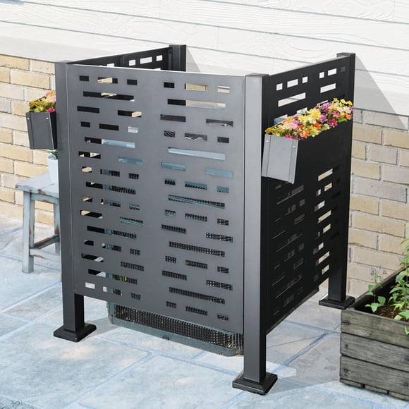 Air Conditioner Fence 3ftx3ft, Metal Outdoor Privacy Screen Panels with 2 Flower Boxes, Freestanding AC & Trash Enclosure for Patio Backyard, Ideal for Homeowners
