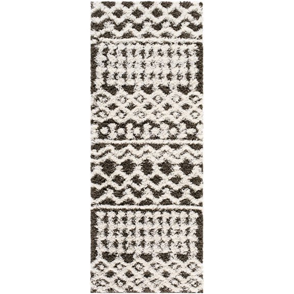 BoutiqueRugs Aysel Boho Moroccan Geometric Shag Runner Rug - High Pile Super Soft Carpet for Hallway, Kitchen, Dorm, Kids Room - Dark Brown, Ivory - 2'7" x 7'3" (2x8)