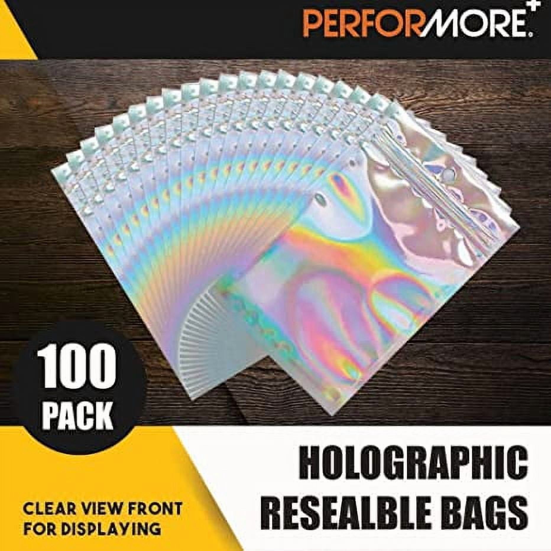 100 Pack of Holographic Resealable Food Bags, 7 x 10 Resealable Smell Proof Mylar Bags, Clear Front Window with Aluminum Foil Back, Waterproof Pouch Ziplock Bags for Food Storage and Packaging