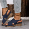 thumbnail image 2 of Platform Wedges Heels for Women Comfy Orthopedic Sandals Open Toe Splice Leather Back Strap Walking Shoes Blue Size 9, 2 of 7