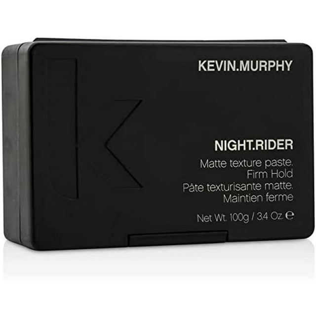 pasta de peinado kevin murphy night rider firm hold 100 ml — Envase rectangular negro mate con logo KEVIN.MURPHY arriba a la derecha, texto blanco 'NIGHT.RIDER' y 'Matte texture paste / Firm Hold', relieve en forma de K en el lateral, tapa encajada, vista frontal sobre fondo blanco; adecuada para dar textura y fijación a cortes cortos y peinados picados.