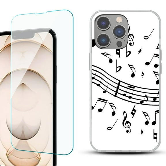 Slim-Fit Gel TPU Phone Case for iPhone 14 Pro, with Tempered Glass Screen Protector, by OneToughShield ® - Music Notes / White
