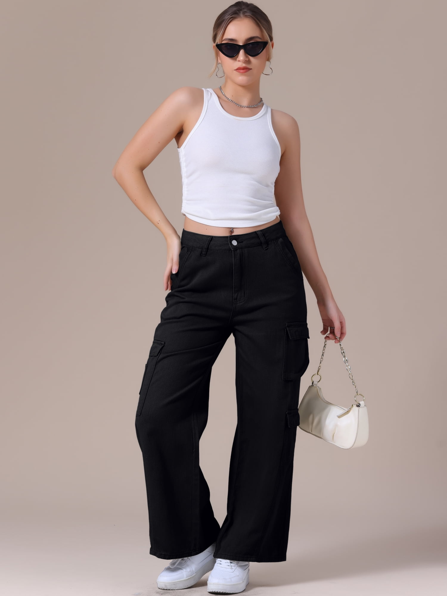DARING DIVA Women's Baggy Jeans Multi-Pocket Cargo Denim Pants S Black
