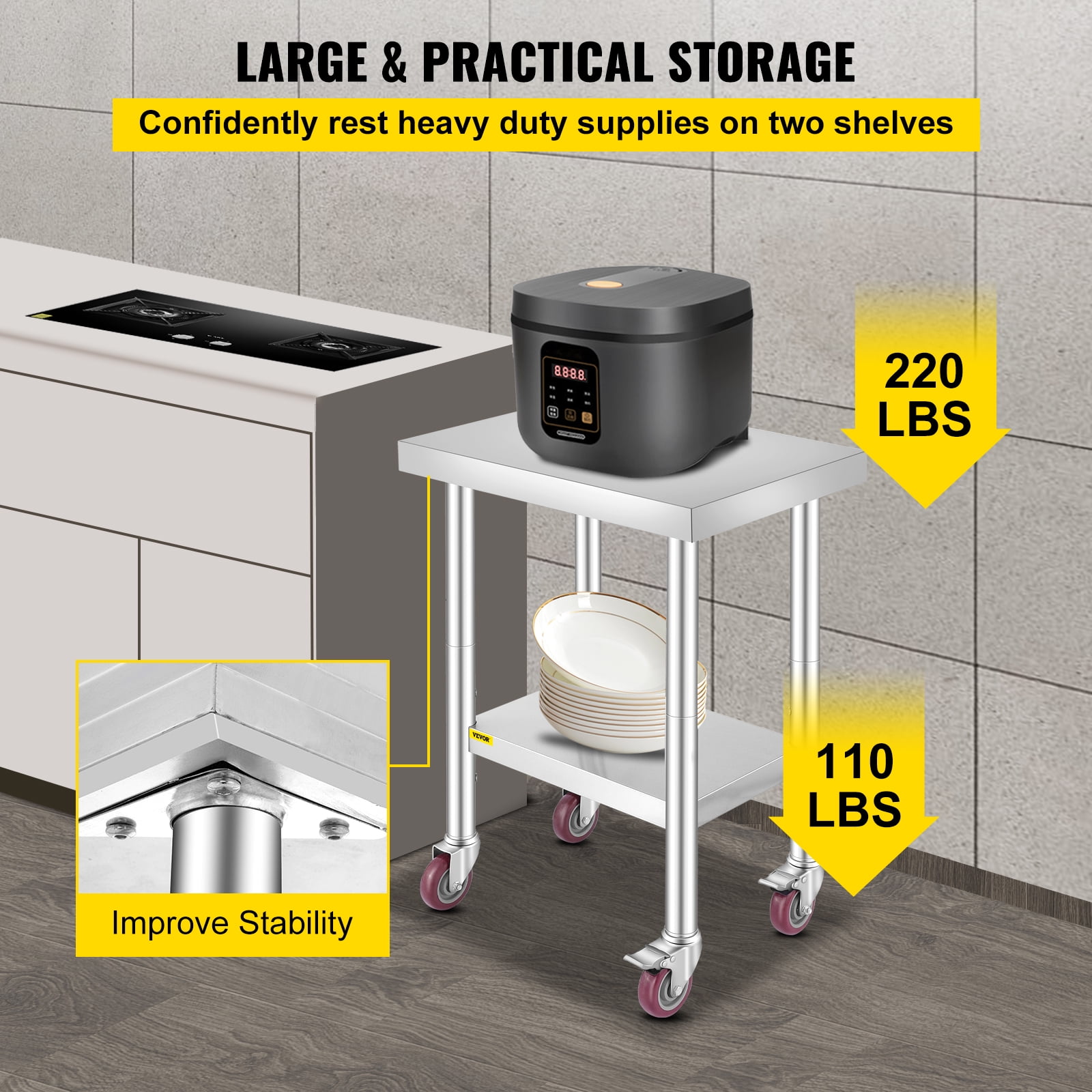 VEVORbrand 24 x 18 x 34 Inches Stainless Steel Work Table 3-Stage Adjustable Shelf with 4 Wheels Heavy Duty Commercial Food Prep Worktable with Brake for Kitchen Prep Work