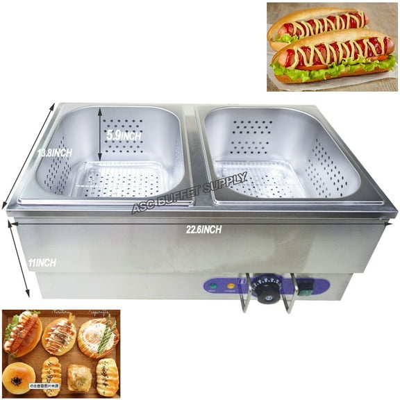 TECHTONGDA Commercial Hot Dog Steamer & Bun Warmer 2 Pot Stainless Steel Bain Marie Buffet Steam Heater