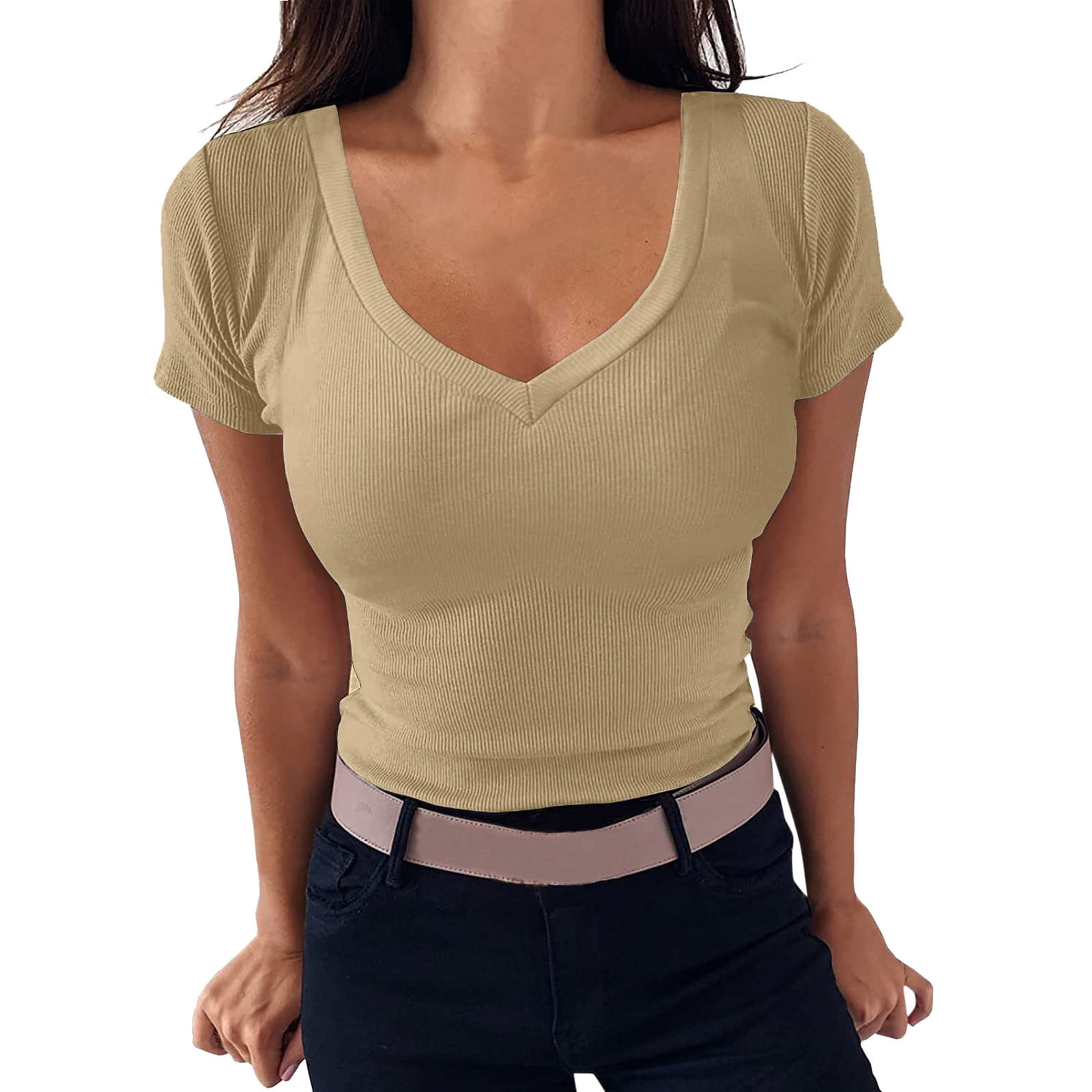 Outfmvch Sunday Womens Summer Tops V Neck Ribbed Fitted Tight Tshirt Short  Sleeve Shirt Basic Knit Khaki XL - Walmart.com