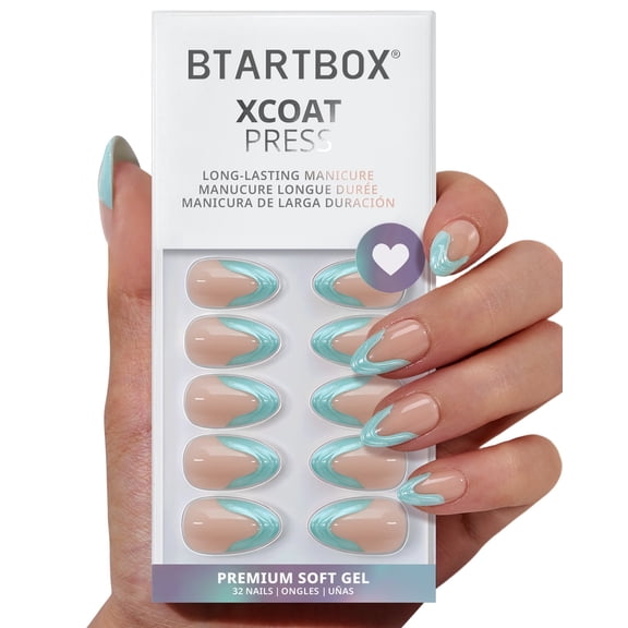 BTArtbox Press On Nails - Wave Ride, Short Almond, Lamp-Curable, 4-Week Wear, Easy-to-Apply, 32 Count All-in-One Kit