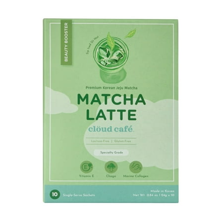 Clöud Café Collagen Infused Matcha Latte Powder - Vitamin E, Chaga Mushroom, & Marine Collagen Powder Instant Tea (10 Sachets)
