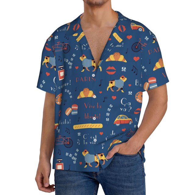 Fotbe French Bulldog Dog In Beret Camisa Estampada de Manga Corta para Hombre, Casual de Verano, Estilo Playero, Sin Arrugas-4X-Large