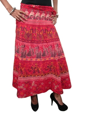 Mogul Women's Wrap Around Skirt Red Printed Maxi Beach Sarong Dress
