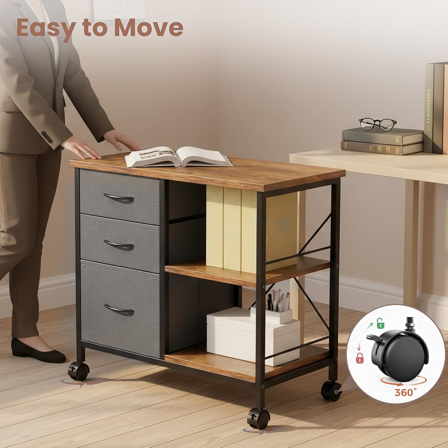 3-Tier Mobile File Cabinet, Rolling Printer Stand with Storage and Back Support Bar, 3 Drawer Lateral File Cabinet Holds 110lbs, for Home Office in Rustic Brown