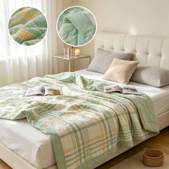 Washed Cotton Summer Quilt Cotton Filling Cool Breathable Plaid Bed Blanket Lightweight Quilt for Hot Weather Bedroom Dorm Home Decor