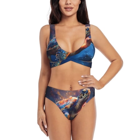 Zeuib Night Sky Turtle High Waisted Tummy Control Bikini Set - Knot Front Push Up Top & Cheeky Thong Bottom  Two-Piece Swimsuit for Women-X-Large