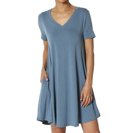 TheMogan Women's PLUS Short Sleeve V-Neck Draped Trapeze Pocket Short Tunic Dress