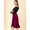 thumbnail image 4 of Falda Asimétrica Cruzada De Terciopelo Con Lazo Lateral Y Volante Dividido Para Mujer Vino rojo XL, 4 of 6