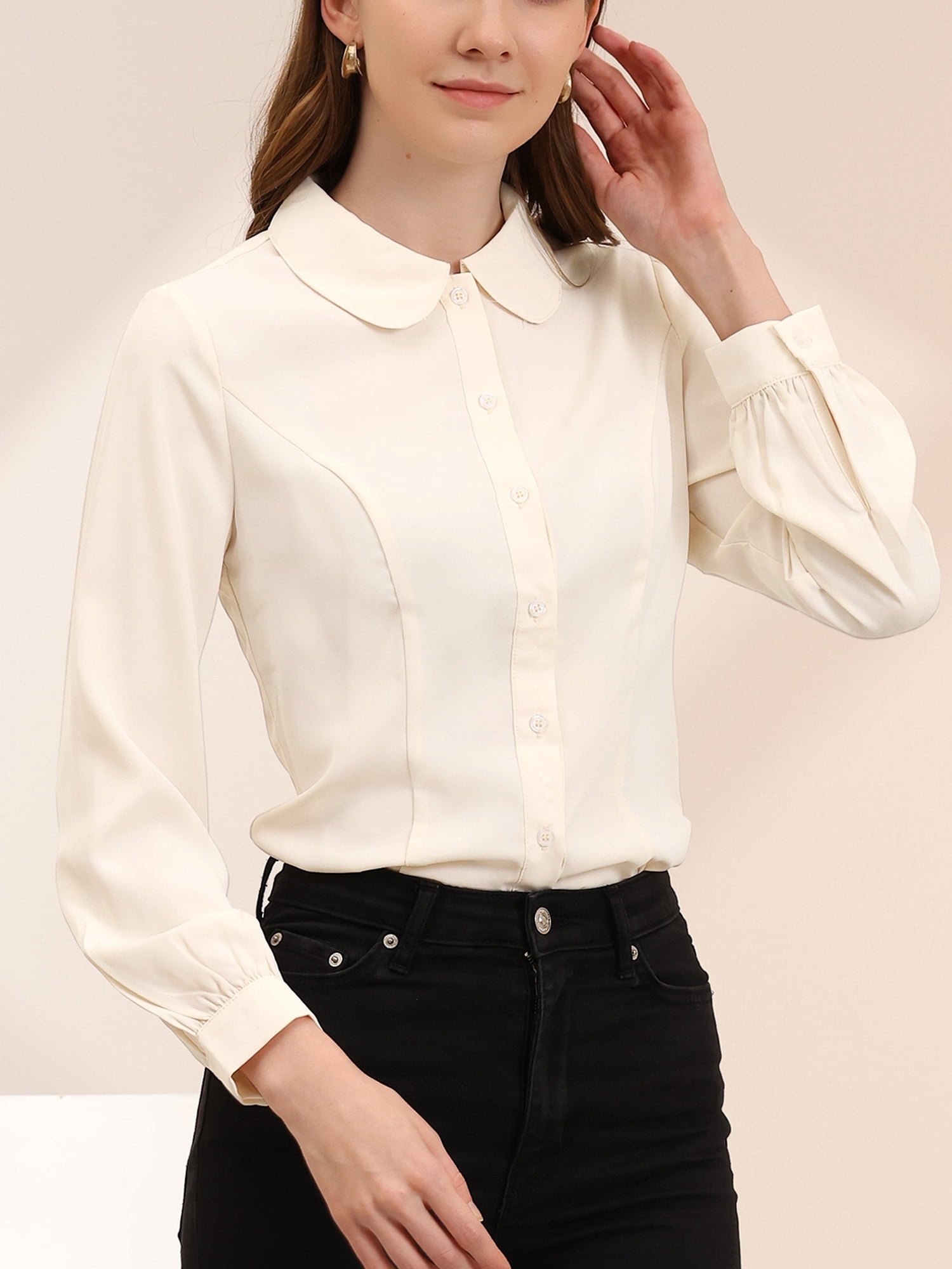 DARING DIVA Women's Peter Pan Collar Long Sleeve Button Down Work Shirts XS Beige