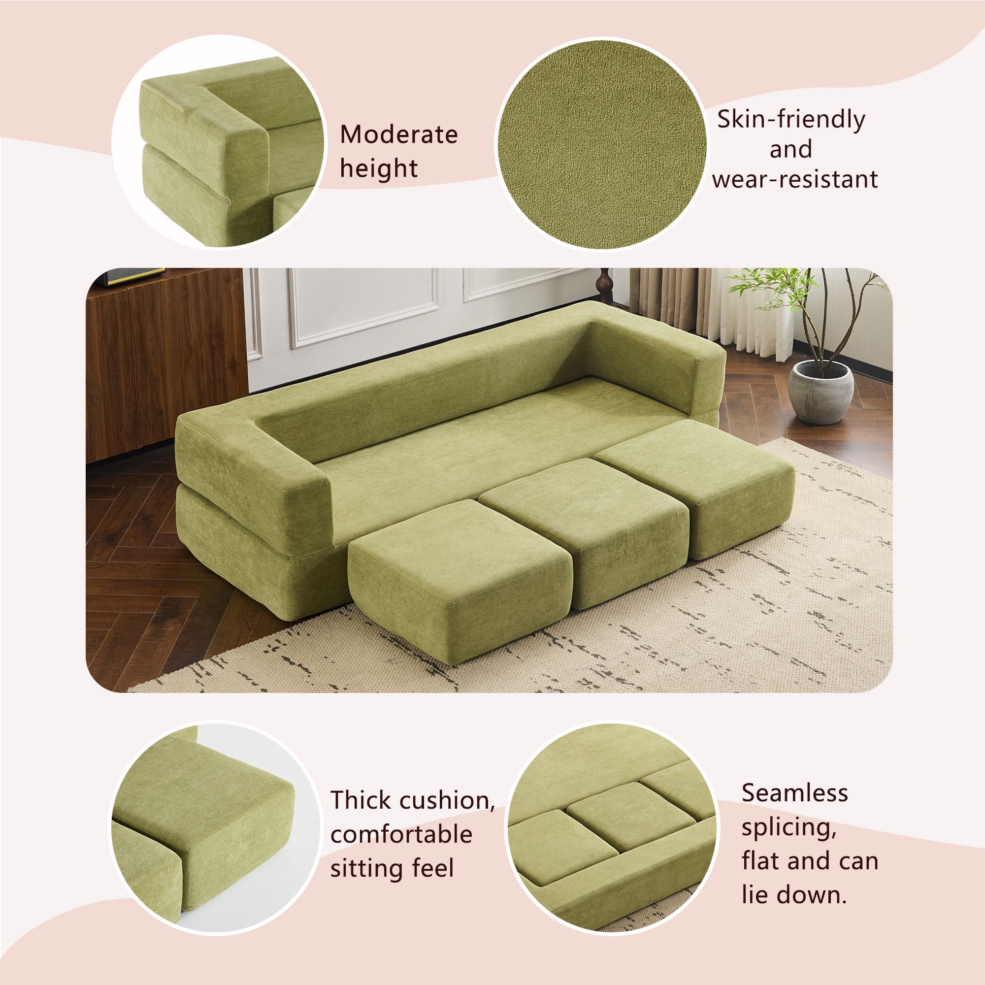 Modular Sofa Bed with 3 Detachable Ottoman Pieces, Convertible L-Shaped Sectional and Chaise Lounge for Small Apartments and Studios, Green
