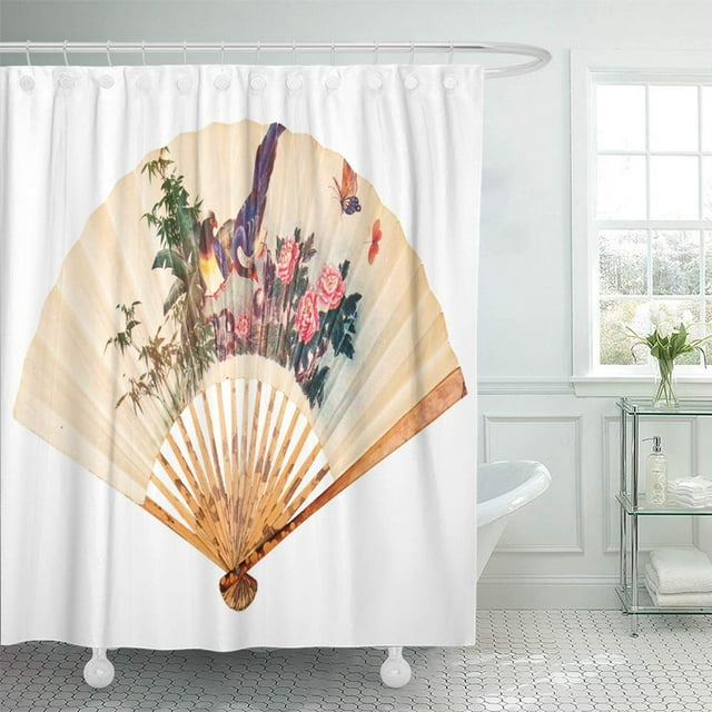 ABPHQTO Abanico de mano chino marrón con pájaros y flores Blanco amarillo Cultura japonesa plegable Juego de cortinas de ducha de baño impermeables 165x180 cm ABPHQTO PKNMT66x72Shower-10626