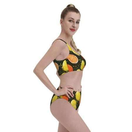 Goofa Orange Lemon Pattern High Waisted Bikini Set - Two Piece Swimsuit for Women  Summer Bathing Suit Trendy Swimwear-Medium