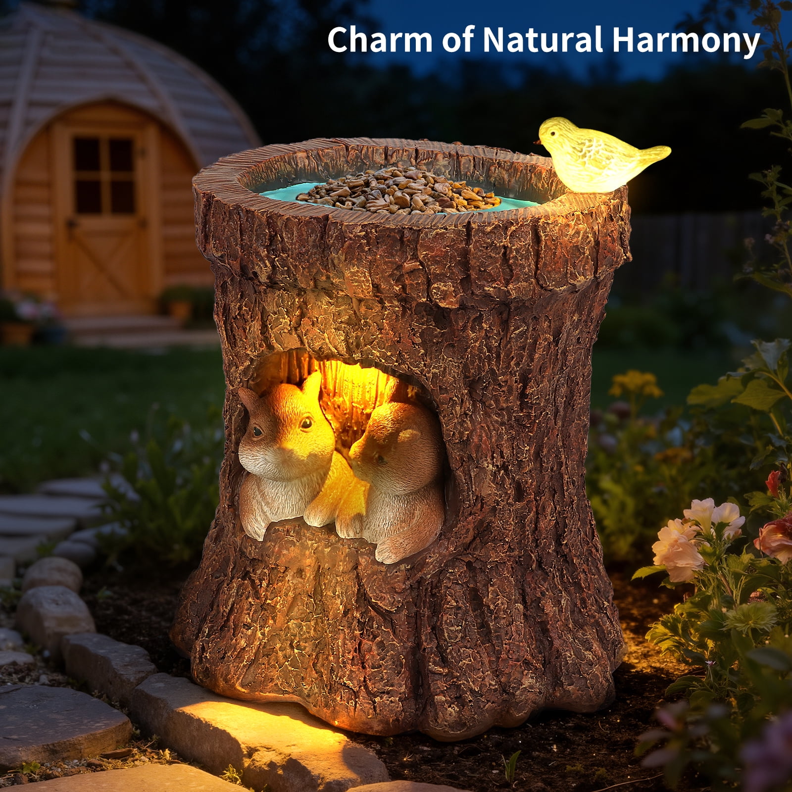 DAK Resin Solar Squirrel Garden Statue with Bird Feeder, LED Lighted Tree Stump Decor,  Waterproof  UV Resistance