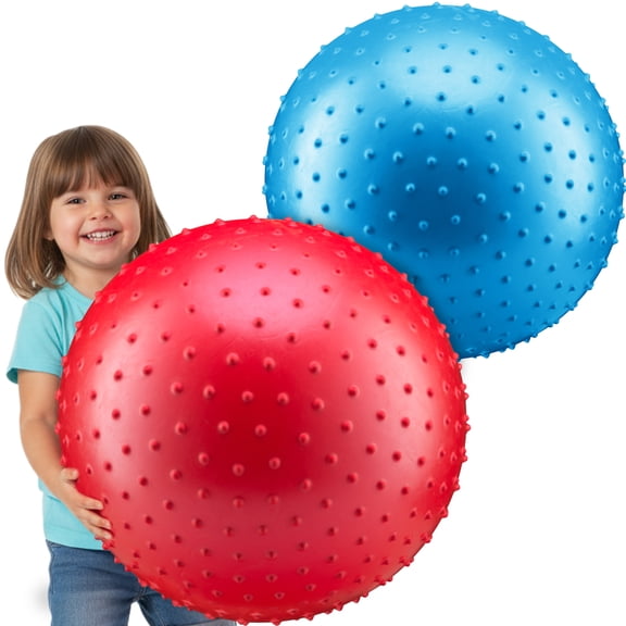 PlayBolt Jumbo 18-Inch Knobby Playground Balls – 2 Pack (Red & Blue) Giant Inflatable Rubber Kickballs with Hand Pump for Kids & Toddlers – Indoor & Outdoor Play