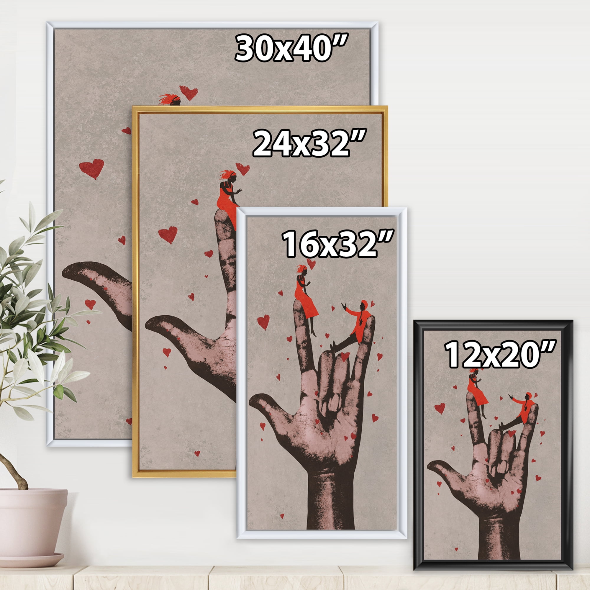 Designart 'I Love You Hand Sign With Romantic Couple' Modern Framed Canvas Wall Art Print