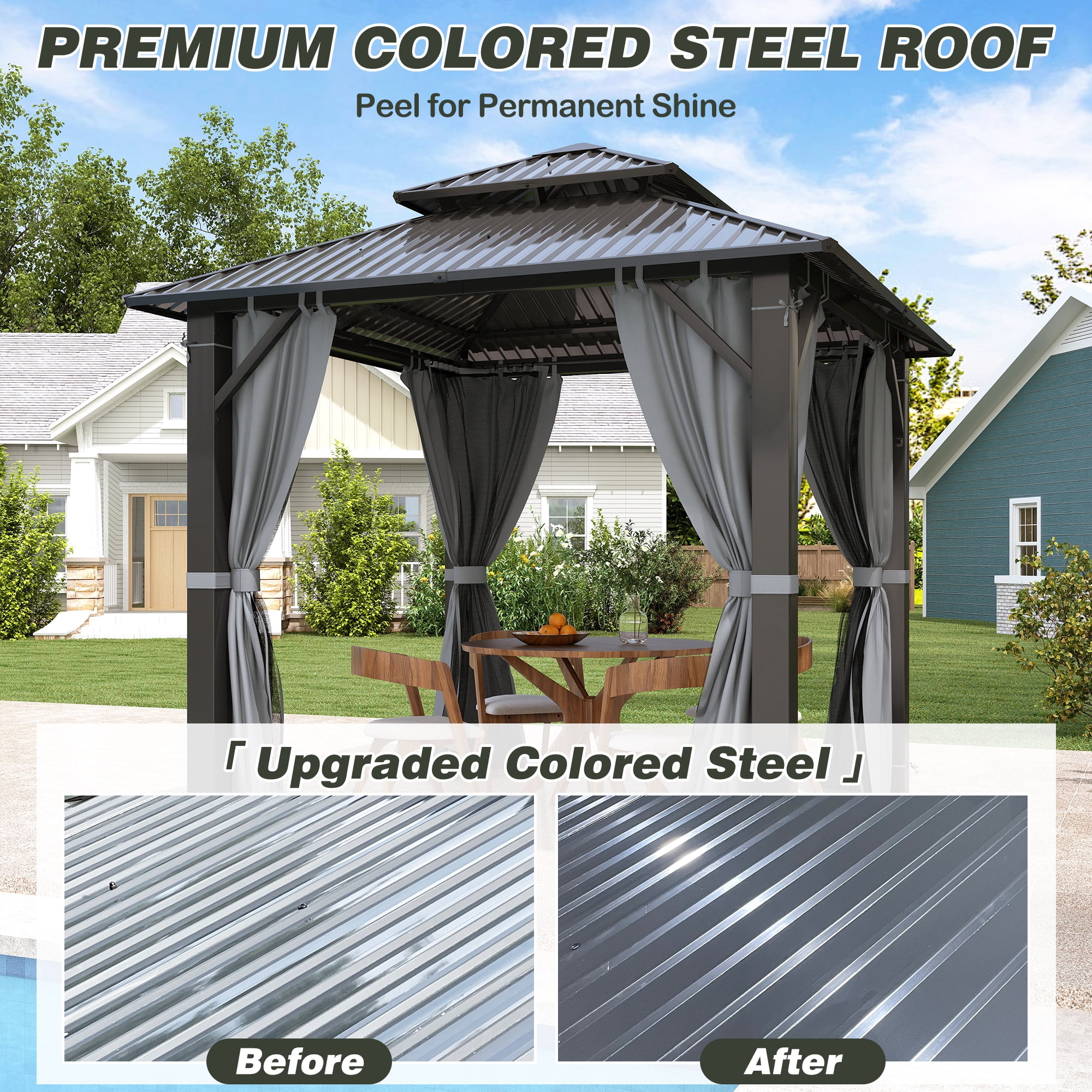 Howsvn 8.5 x 8.5 Ft. Outdoor Double Steel Roof Hardtop Gazebo, Patio Aluminum Frame Gazebos with Netting and Curtains for Garden, Backyard
