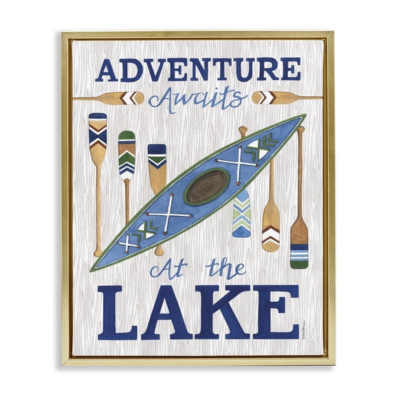 Stupell Industries Coastal Adventure Awaits Lakehouse Gold Floating Frame Canvas Art, 17 x 21, by Deb Strain