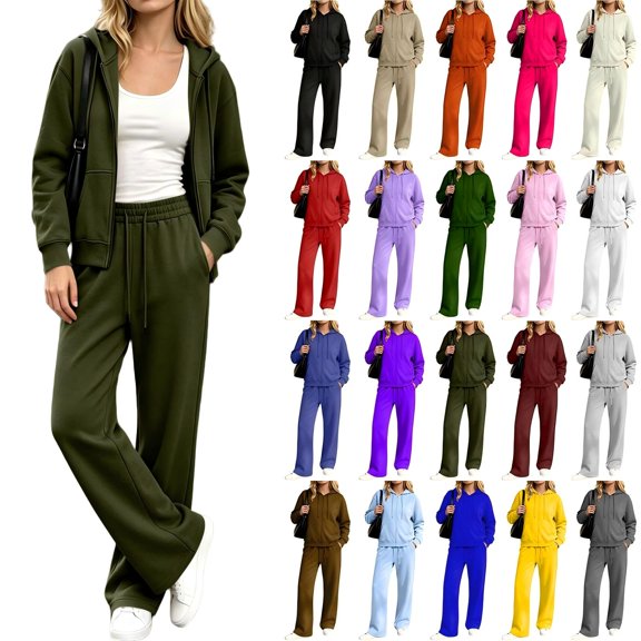 Tqcoqu Women's 2 Piece Zip Up Hoodie Tracksuit Set, Long Sleeve Hooded Jacket & Drawstring Elastic Waist Pocket Wide Leg Pants Casual Two Piece Outfit