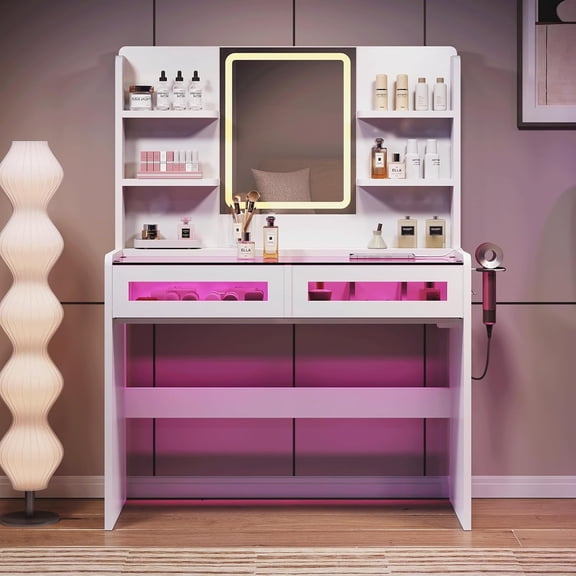 Vanity Desk with LED Lights Mirror & Power Outlet, Transparent Top Vanity with 2 RGB Drawers, 3 Lighting Modes & Adjustable Brightness, Dressing Table for Women Girls Bedroom