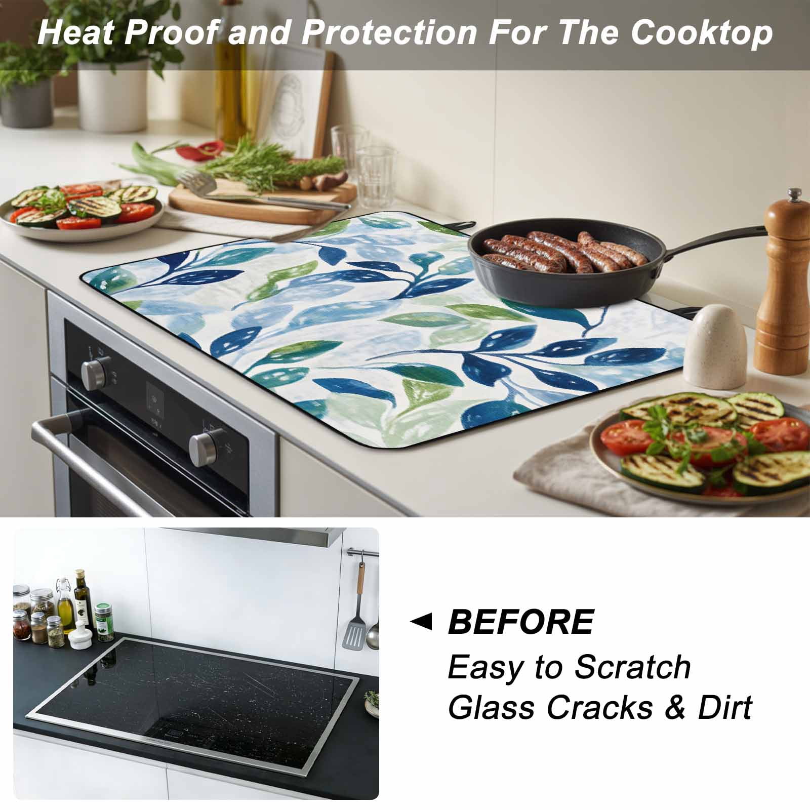 Navy Blue Leaves Stove Top Cover for Electric Stove, Heat-proof & Non Slip Glass Top Stove Cover Protector, Green Summer Botanical Kitchen Flat Cooktop Rubber Mat 24x21 Inches