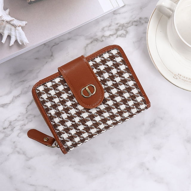 Cartera pequeña de lujo ligera para mujer, con hebilla corta, de lona con diseño de pata de gallo, con múltiples tarjetas, antidesmagnetización y gran capacidad